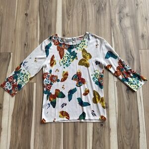 Joseph A. Womens Ivory Butterfly Silk Sweater 3/4 Sleeve Fine‎ Knit Medium